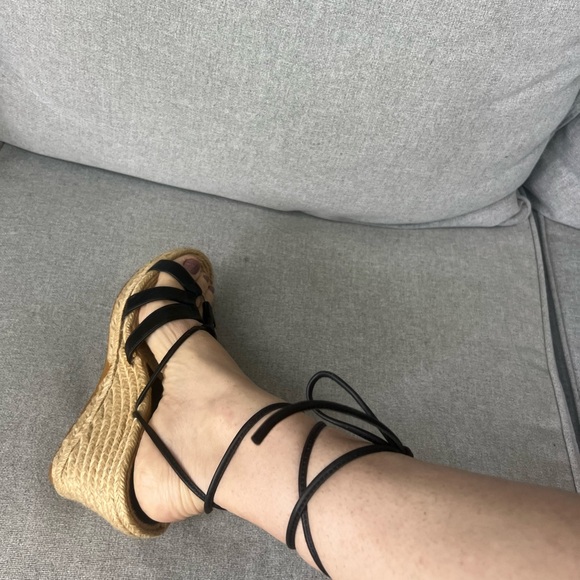Andre Assous Sexy Black Strappy Wedge Leather Lace-up Espadrille Sandals - Picture 11 of 14